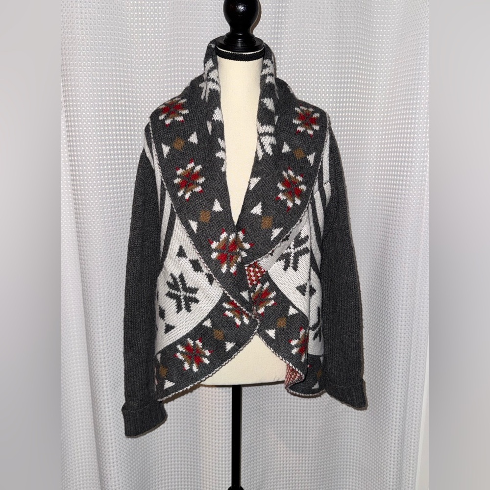 TRIBAL Winter Knit Shawl Collar Cardigan Sweater‎ Gray Fair Isle – Size Medium